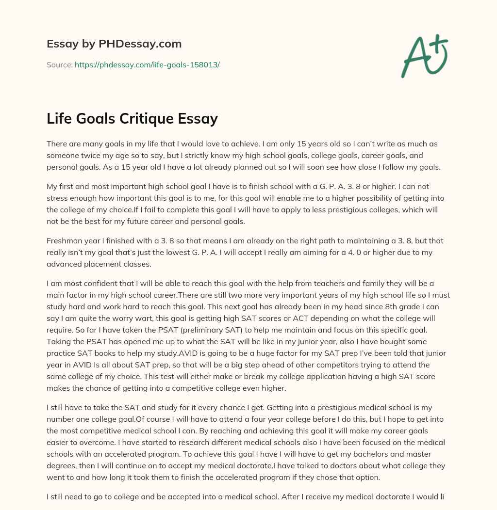 Life Goals Critique Essay essay