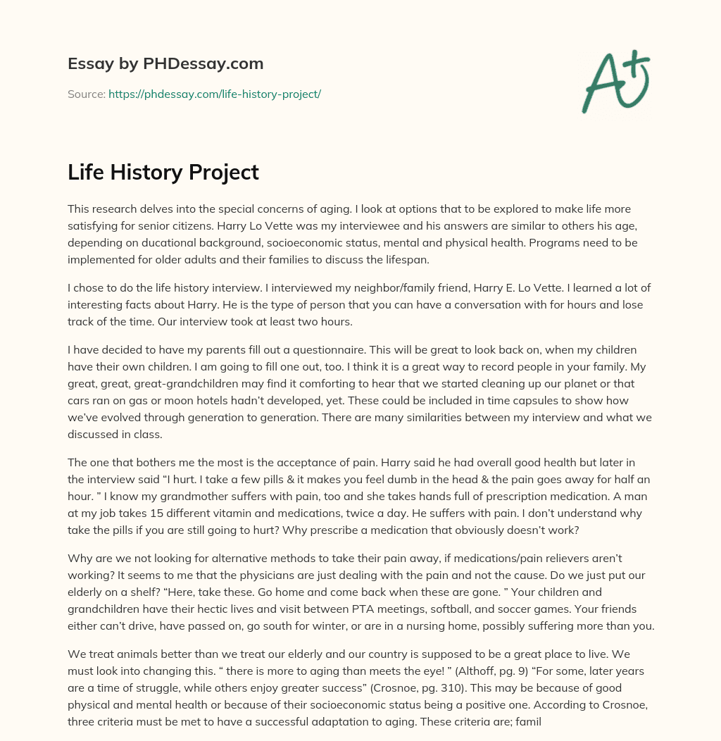 Life History Project essay