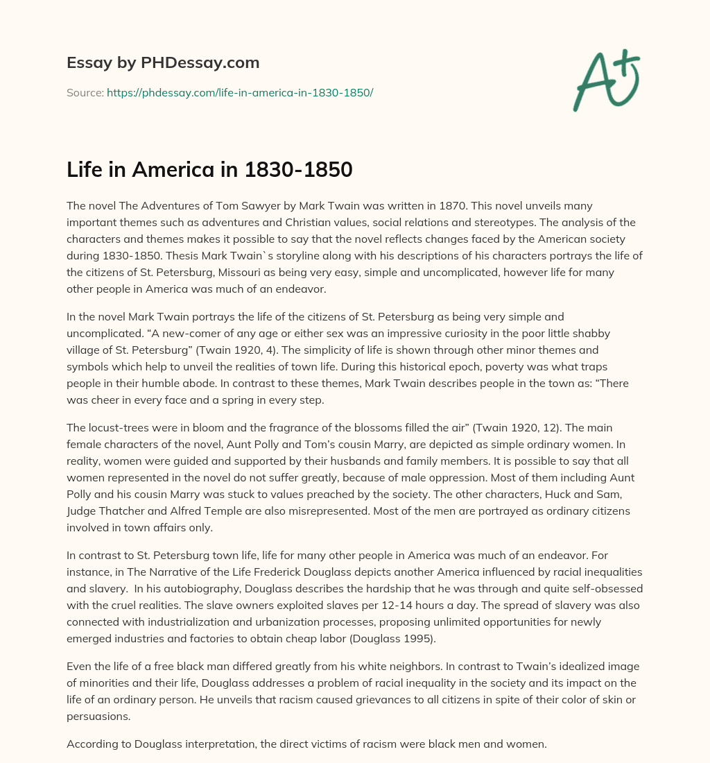 Life in America in 1830-1850 essay