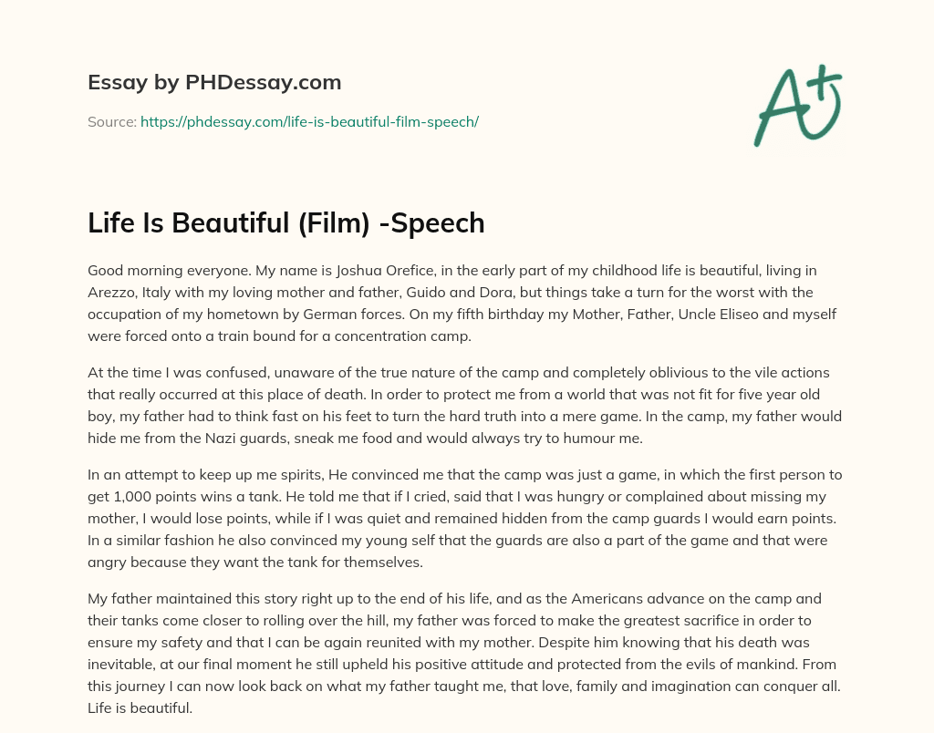 Life Is Beautiful (Film) -Speech essay
