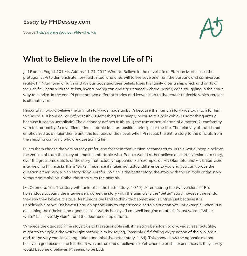 What to Believe In the novel Life of Pi essay