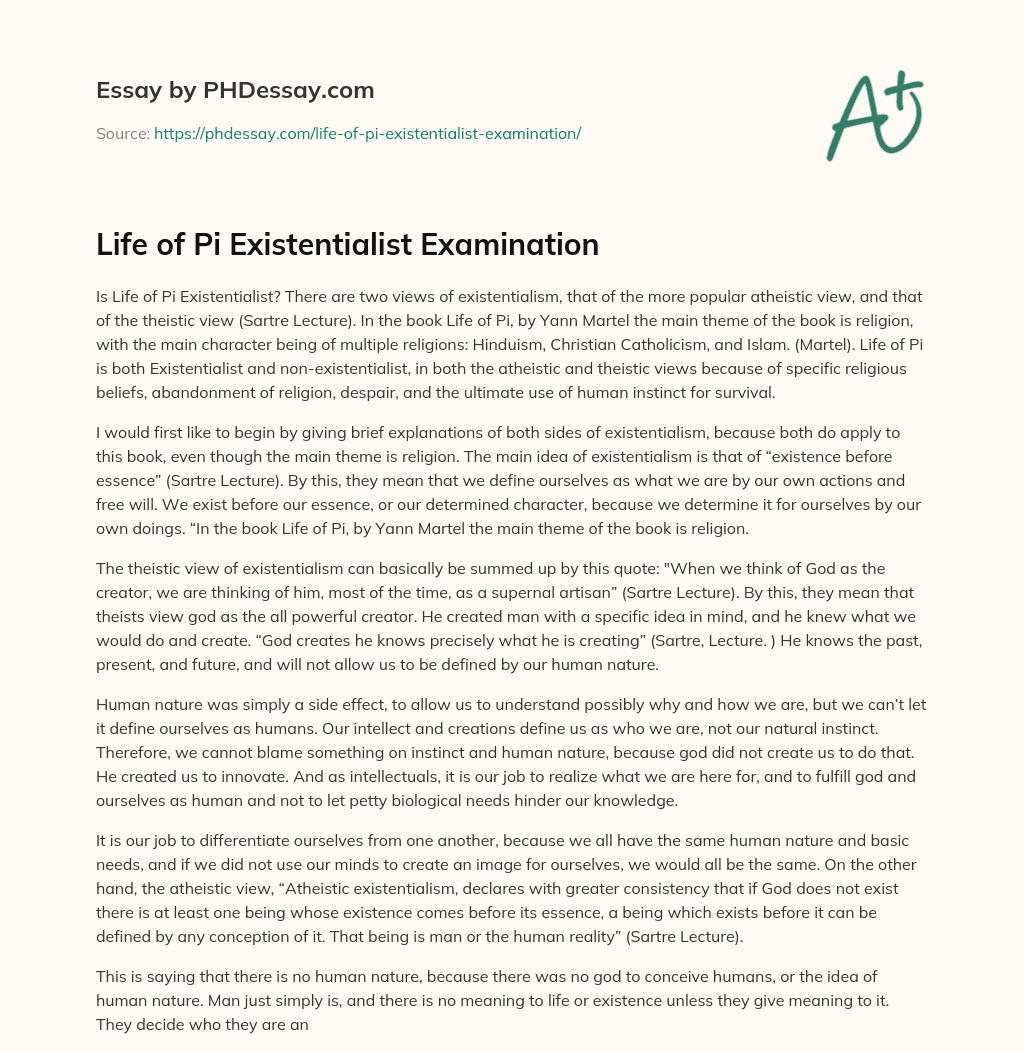 Life of Pi Existentialist Examination essay