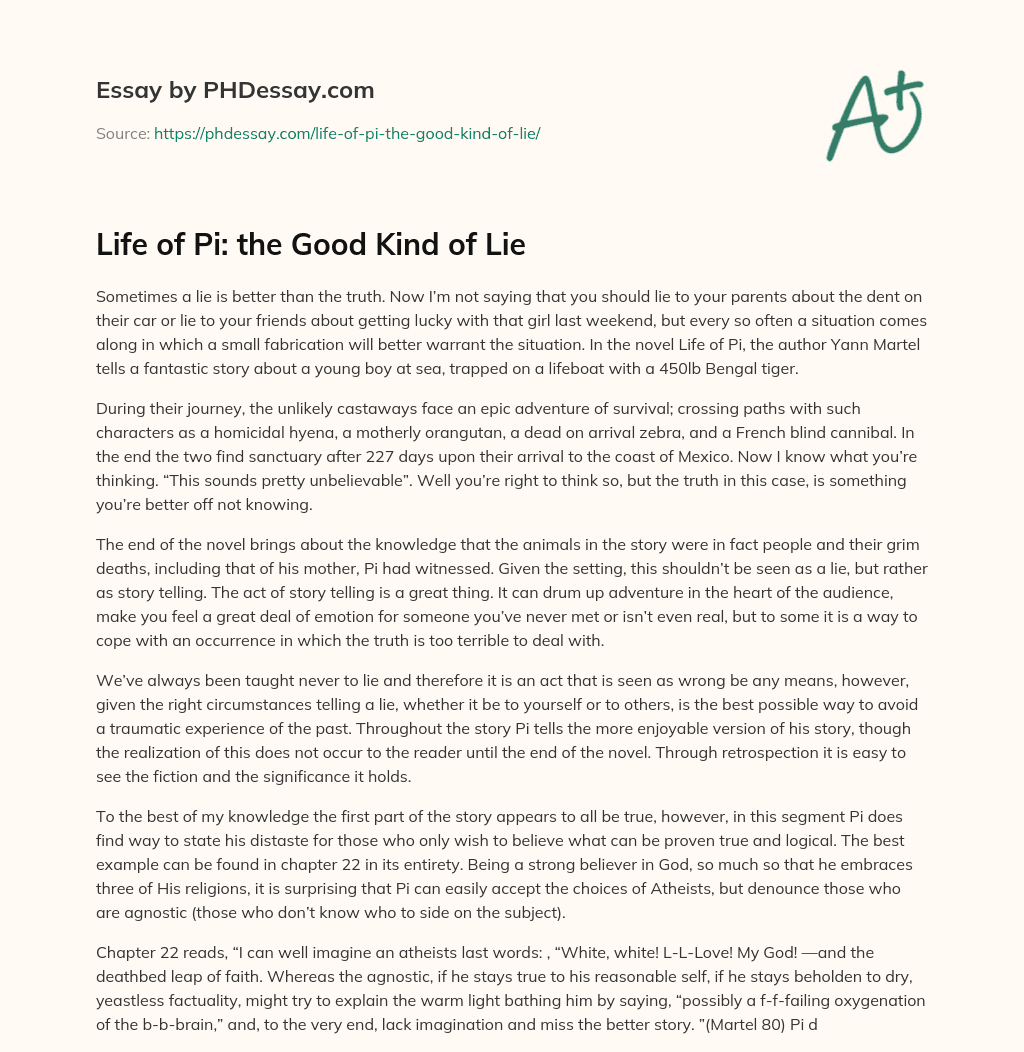 Life of Pi: the Good Kind of Lie essay
