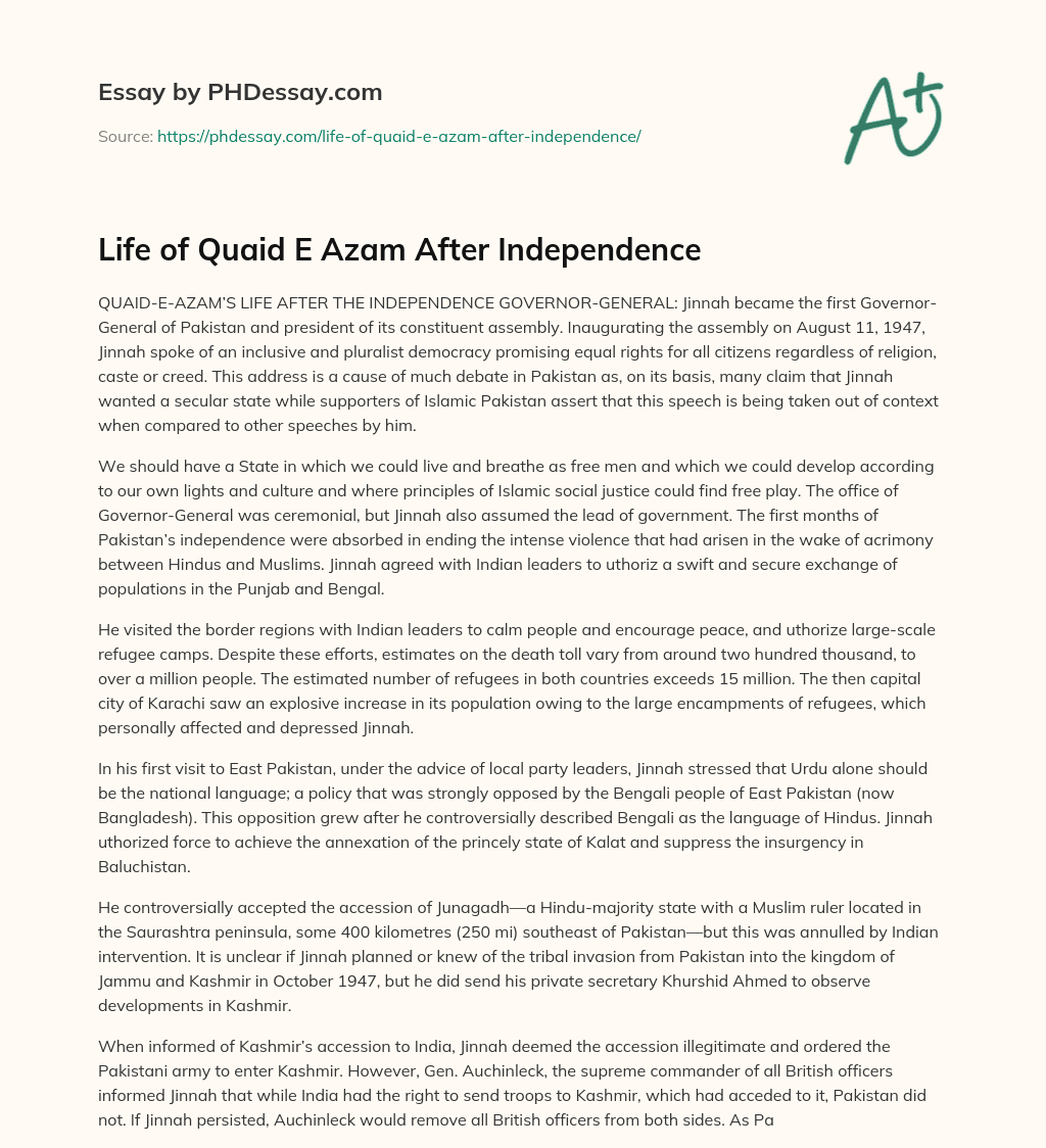 Life of Quaid E Azam After Independence essay