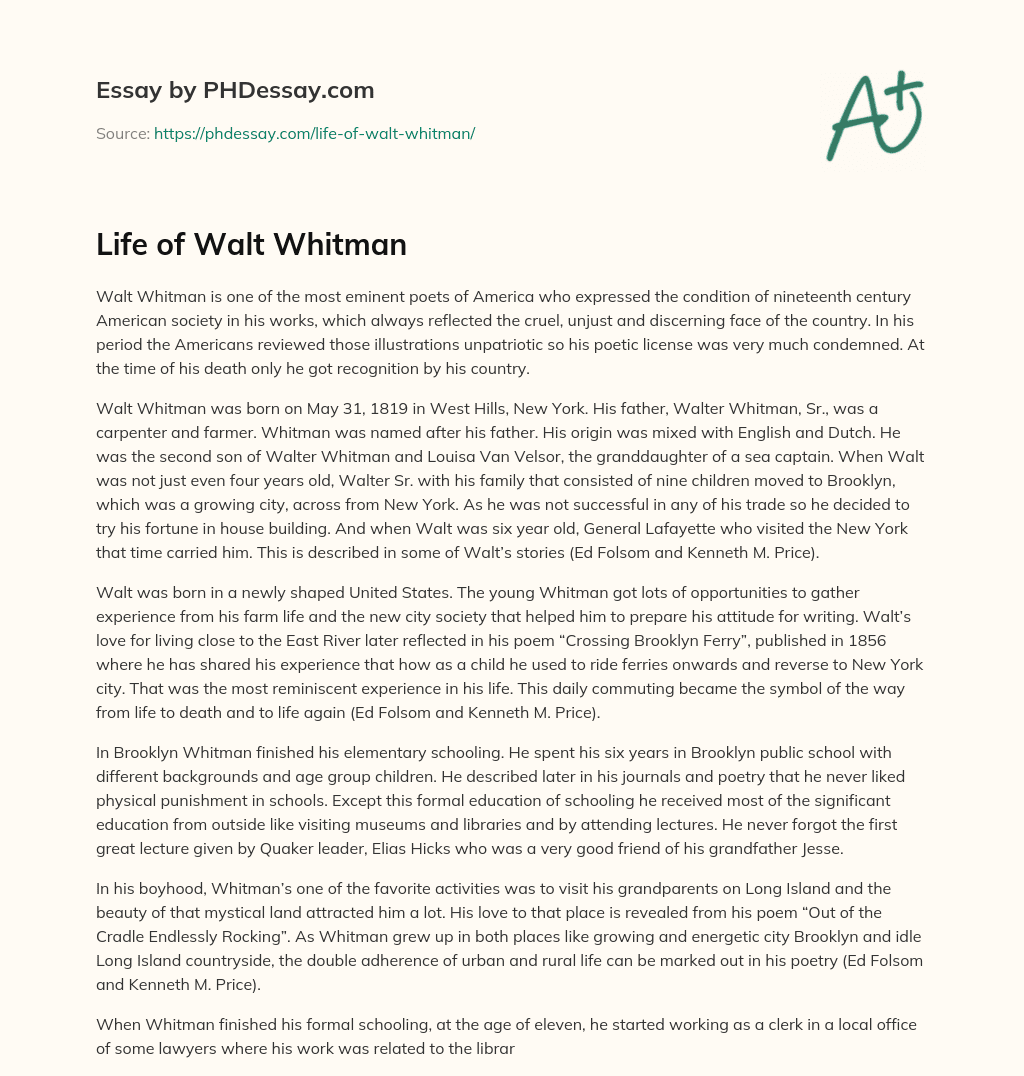 Life of Walt Whitman essay