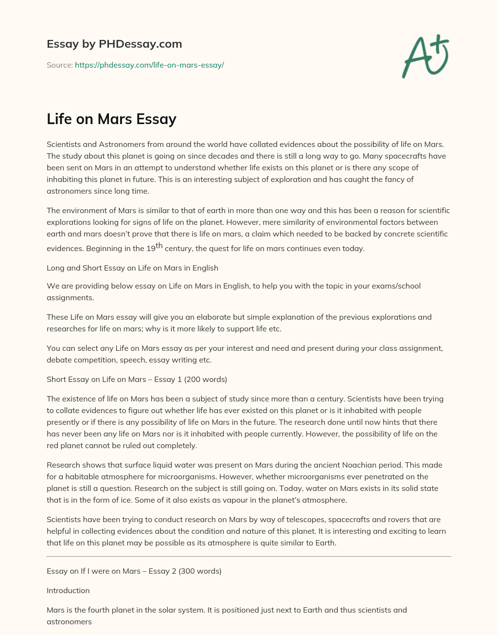 essay about life on mars