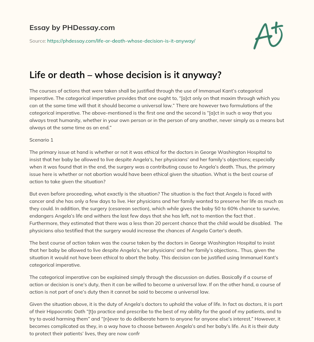Life or death – whose decision is it anyway? essay
