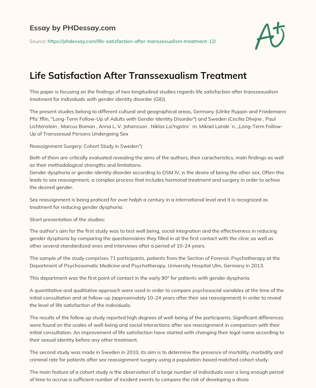 Life Satisfaction After Transsexualism Treatment essay