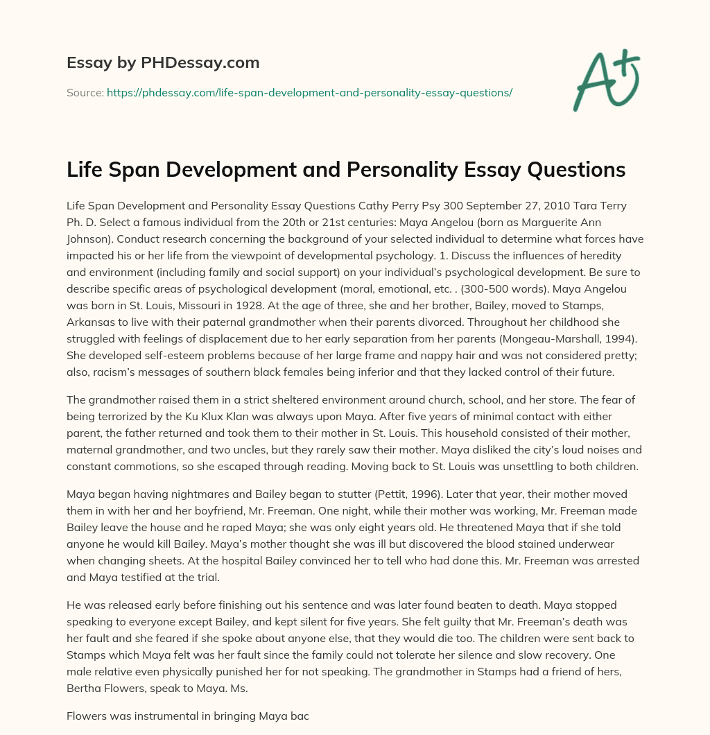 Life Span Development and Personality Essay Questions essay