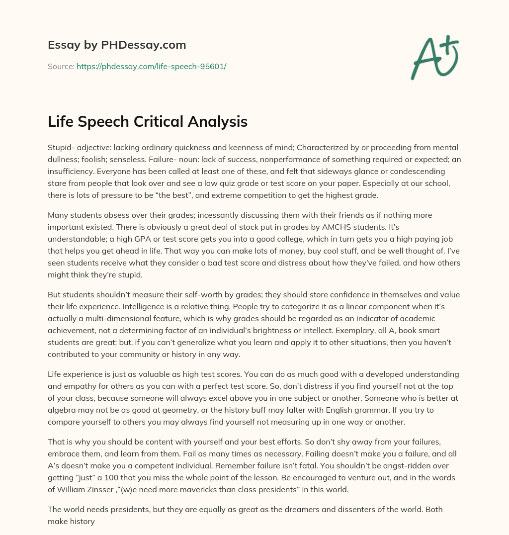 Life Speech Critical Analysis essay