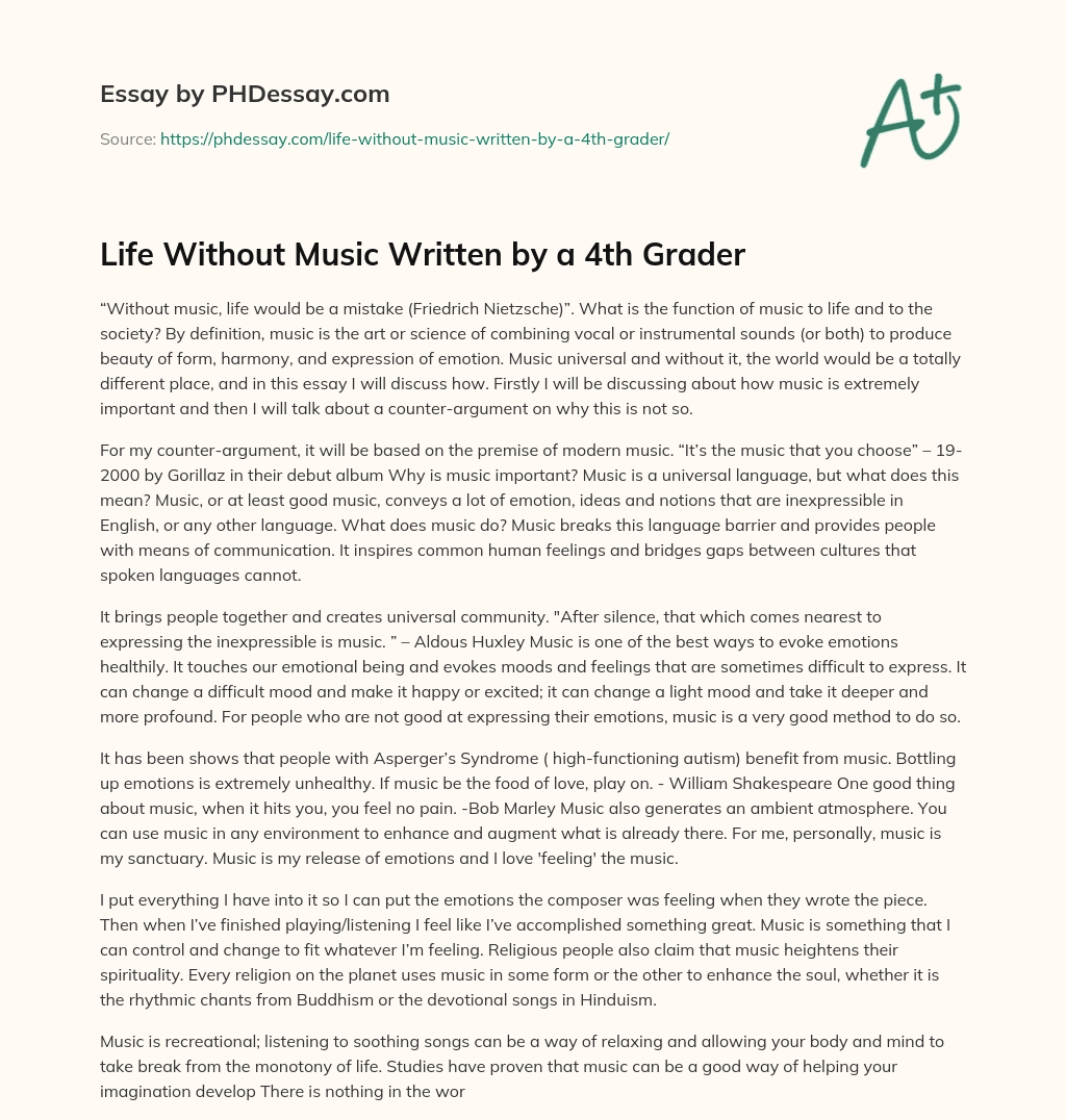 Life Without Music Written by a 4th Grader essay