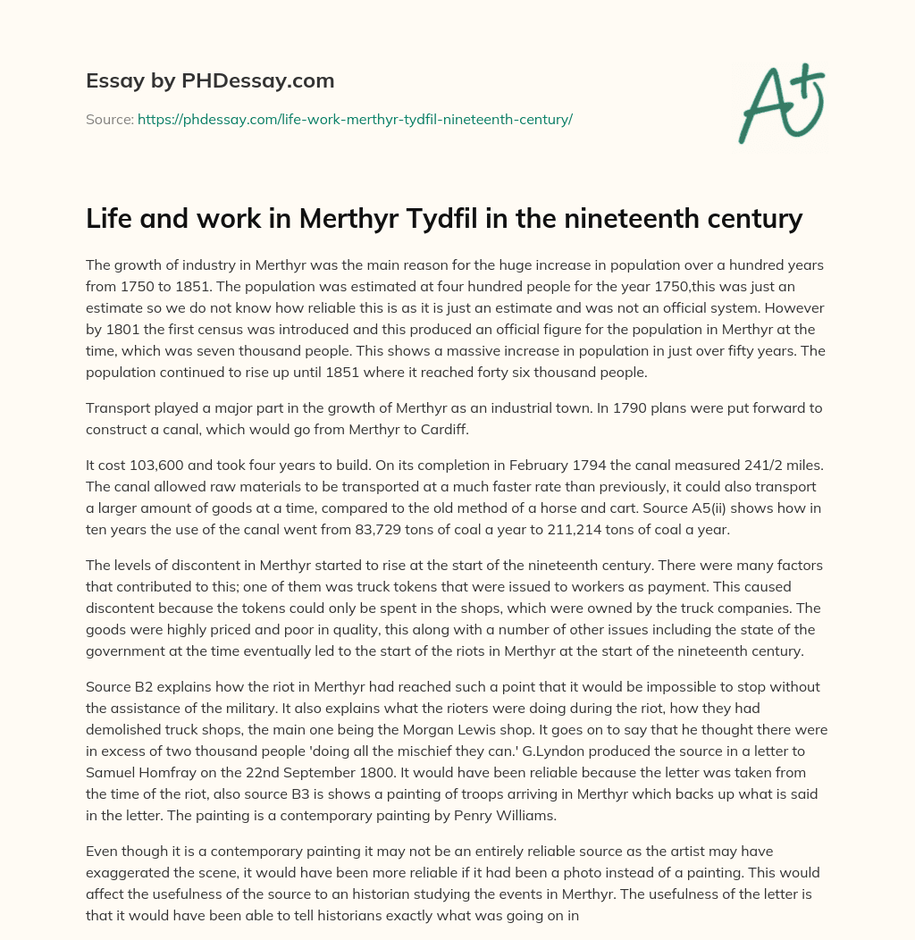 Life and work in Merthyr Tydfil in the nineteenth century essay