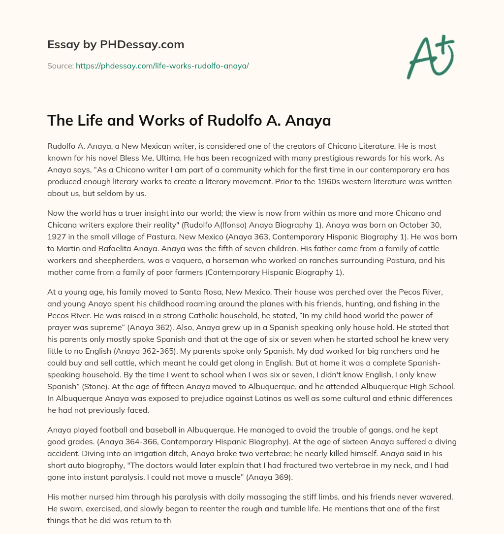 The Life and Works of Rudolfo A. Anaya essay