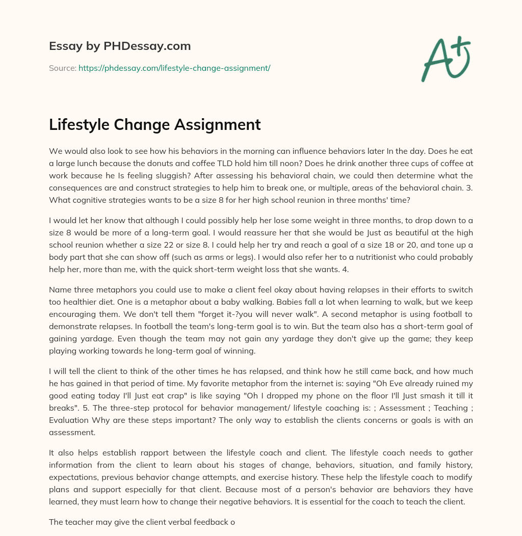 Lifestyle Change Assignment essay