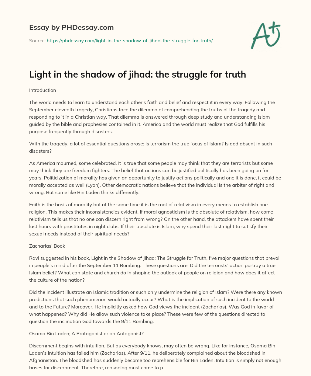 Light in the shadow of jihad: the struggle for truth essay