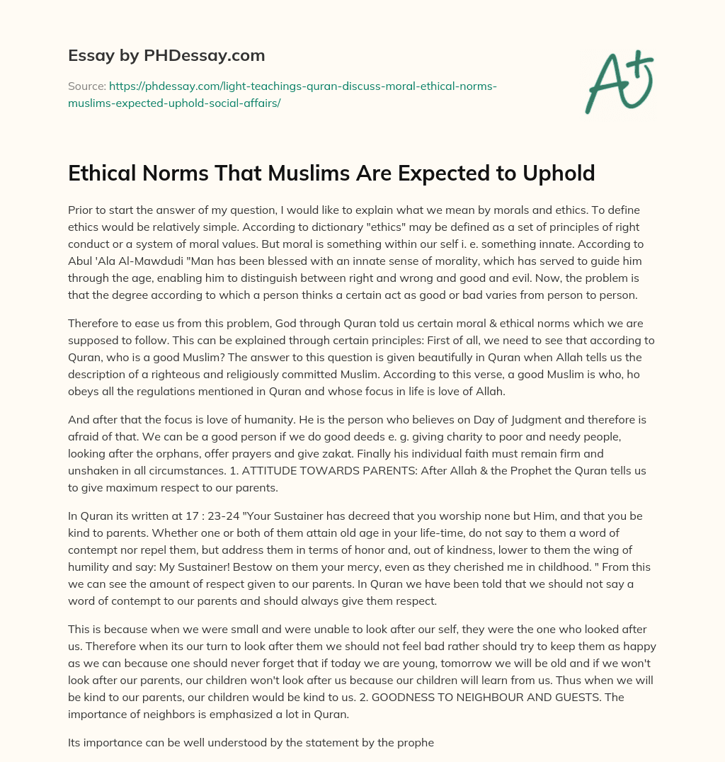 Ethical Norms That Muslims Are Expected to Uphold essay