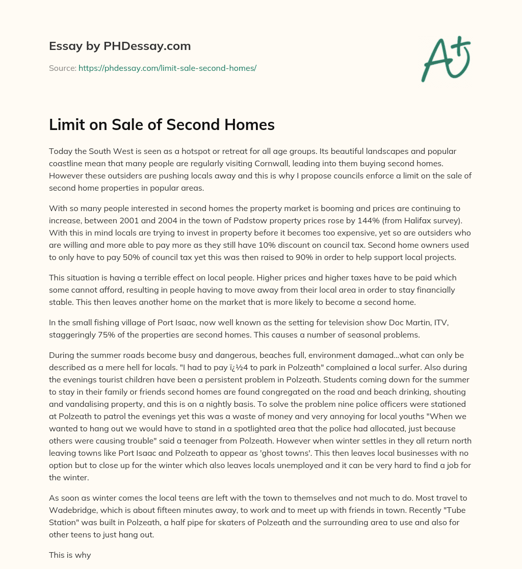Limit on Sale of Second Homes essay