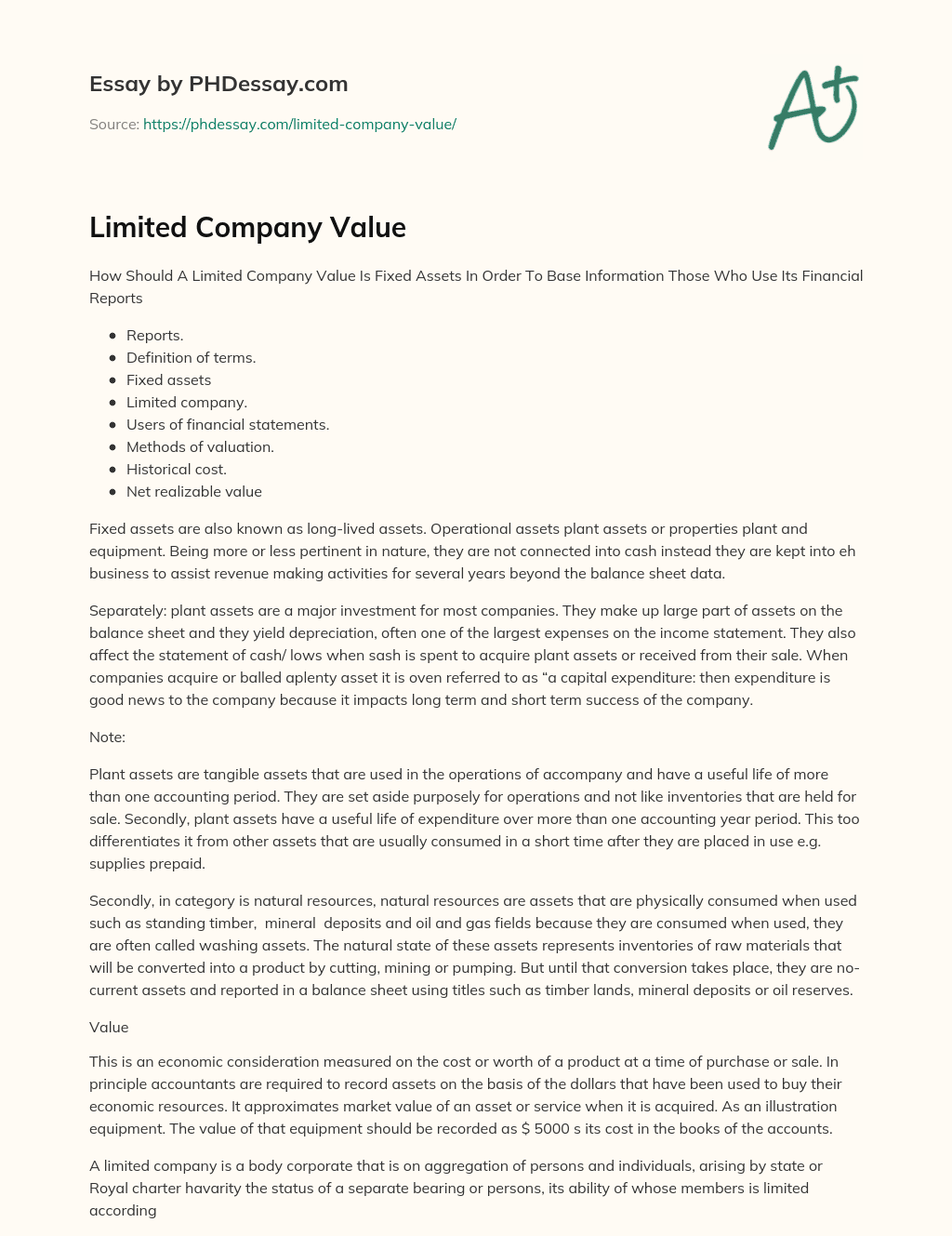 Limited Company Value essay