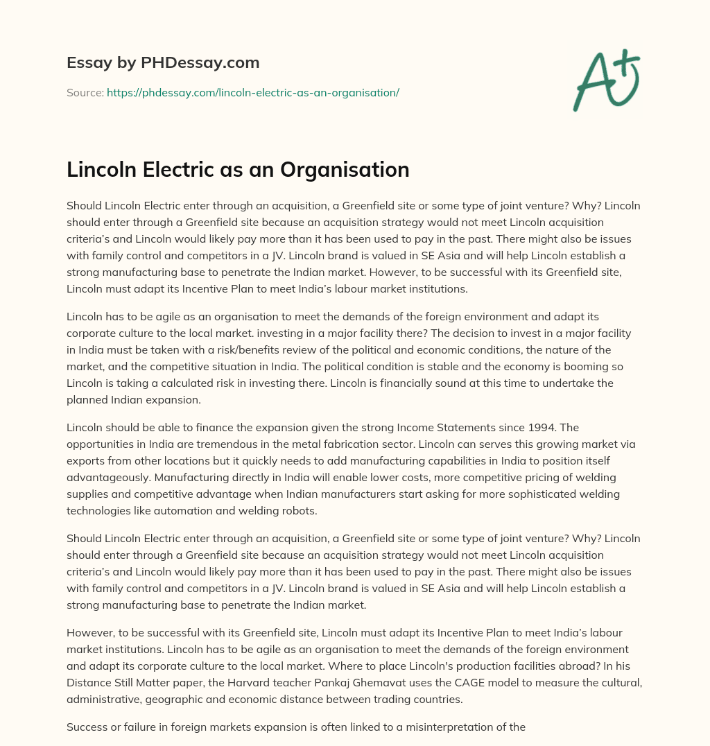 Lincoln Electric as an Organisation essay