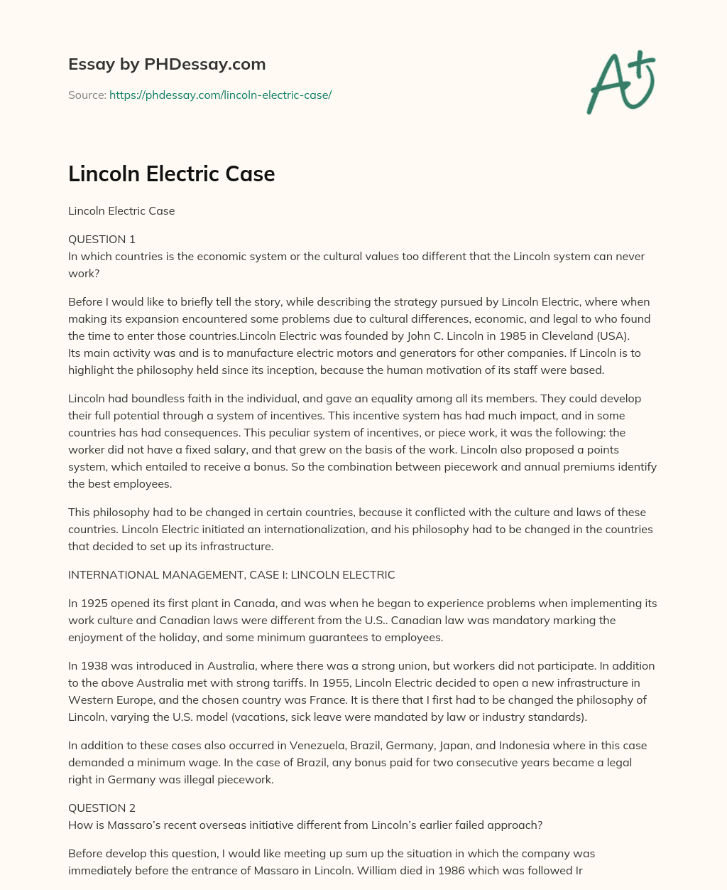Lincoln Electric Case essay