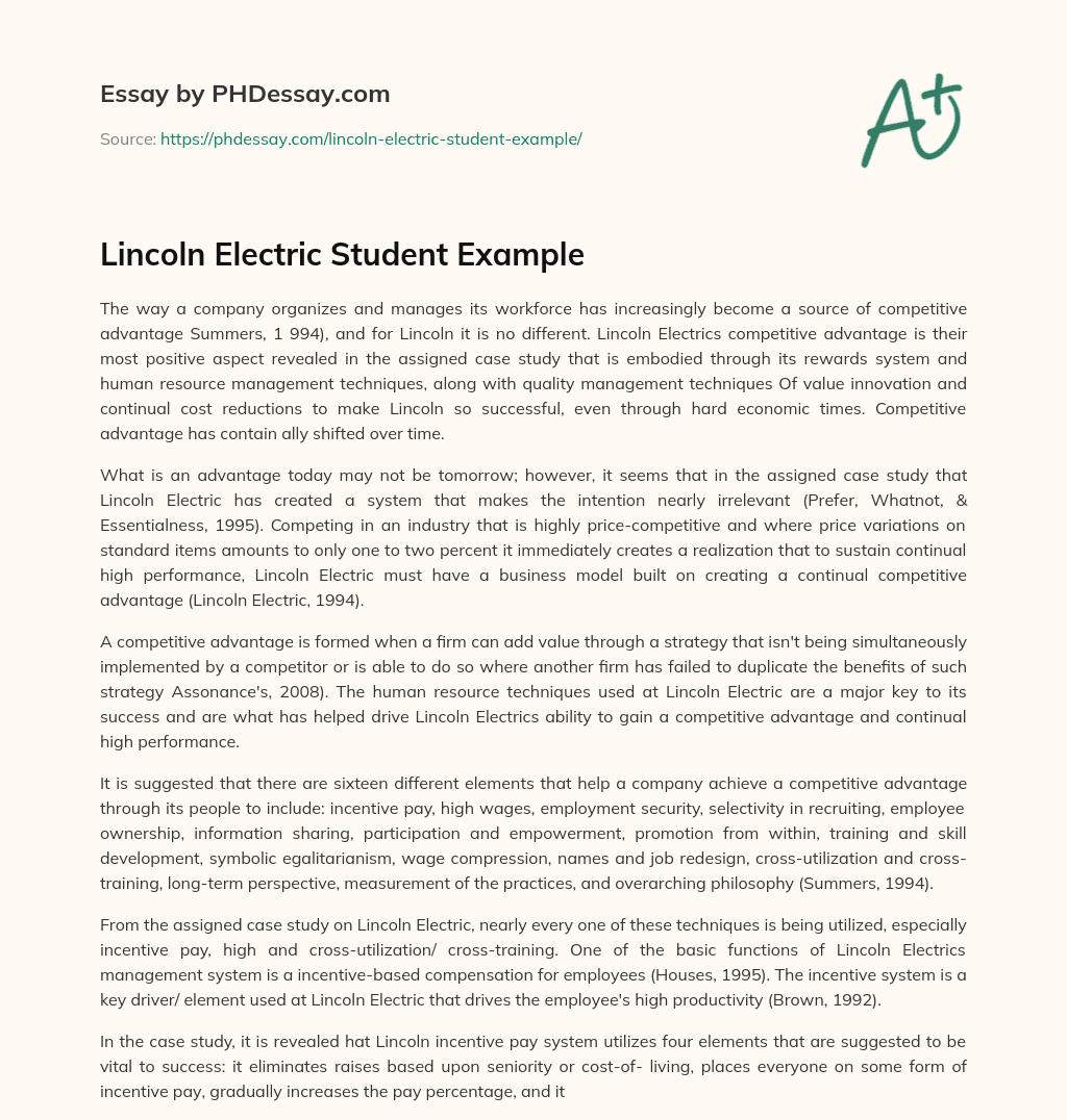 Lincoln Electric Student Example essay