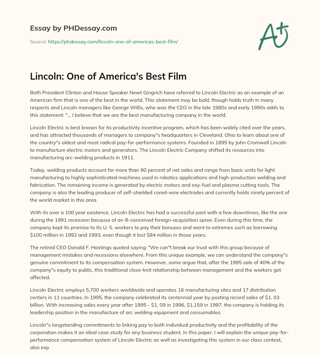 Lincoln: One of America’s Best Film essay