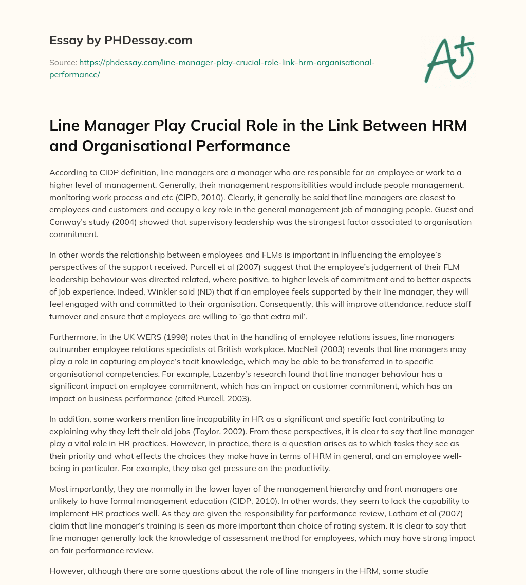 Line Manager Play Crucial Role in the Link Between HRM and Organisational Performance essay
