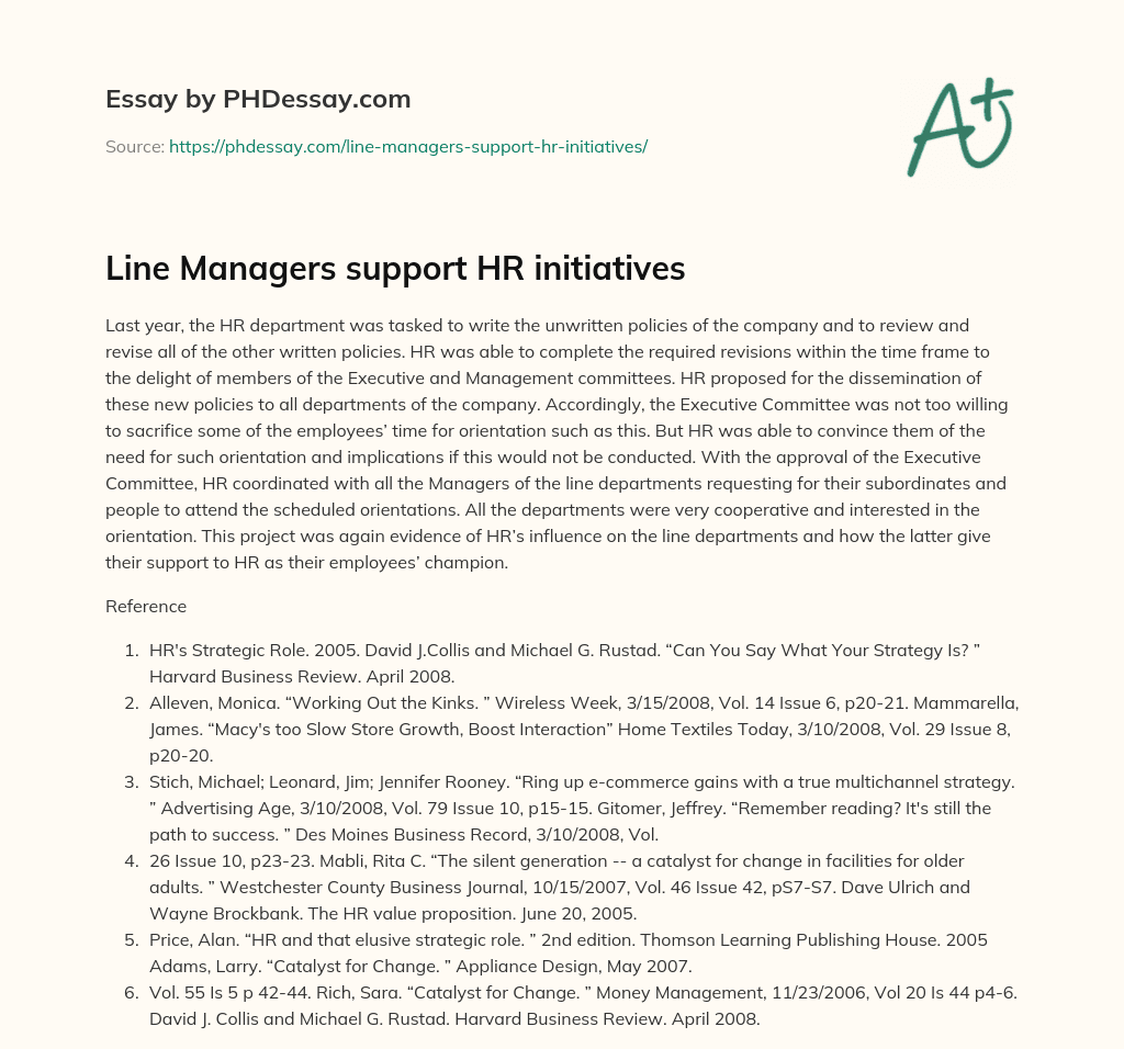 Line Managers support HR initiatives essay