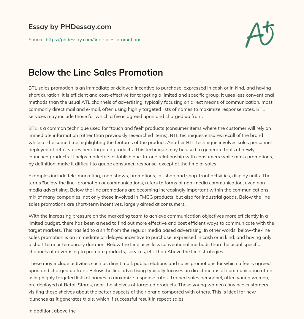Below the Line Sales Promotion essay