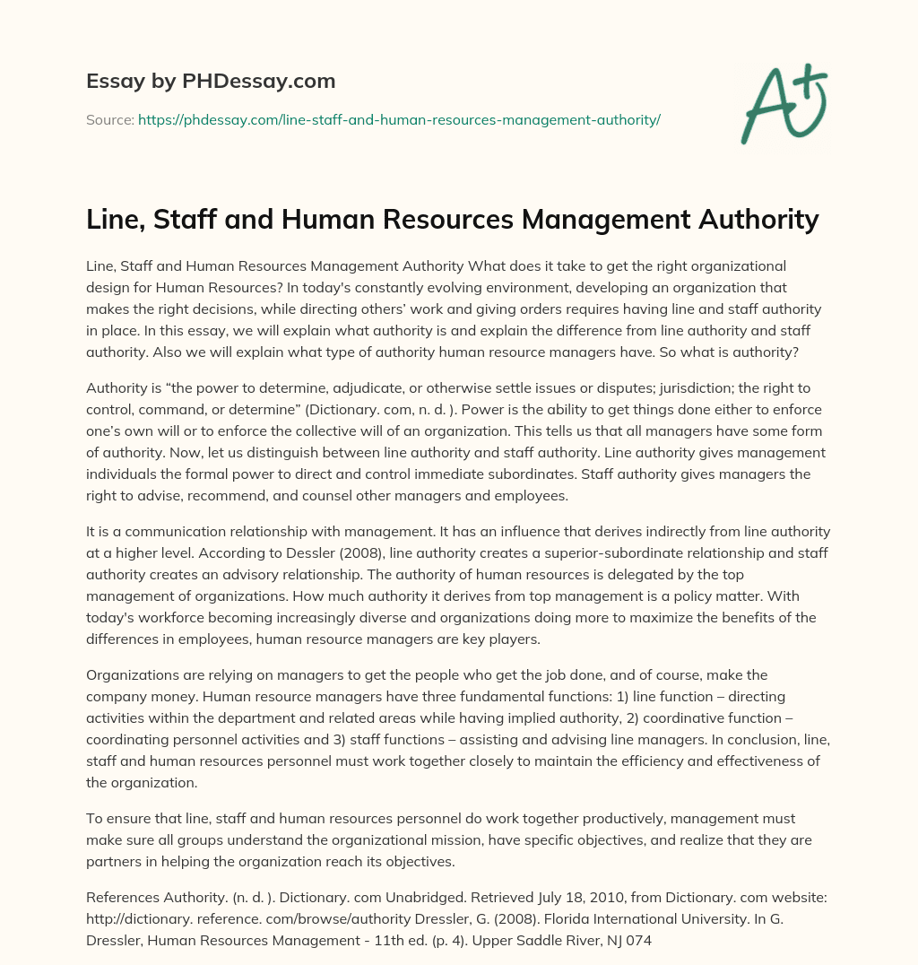 Line, Staff and Human Resources Management Authority essay