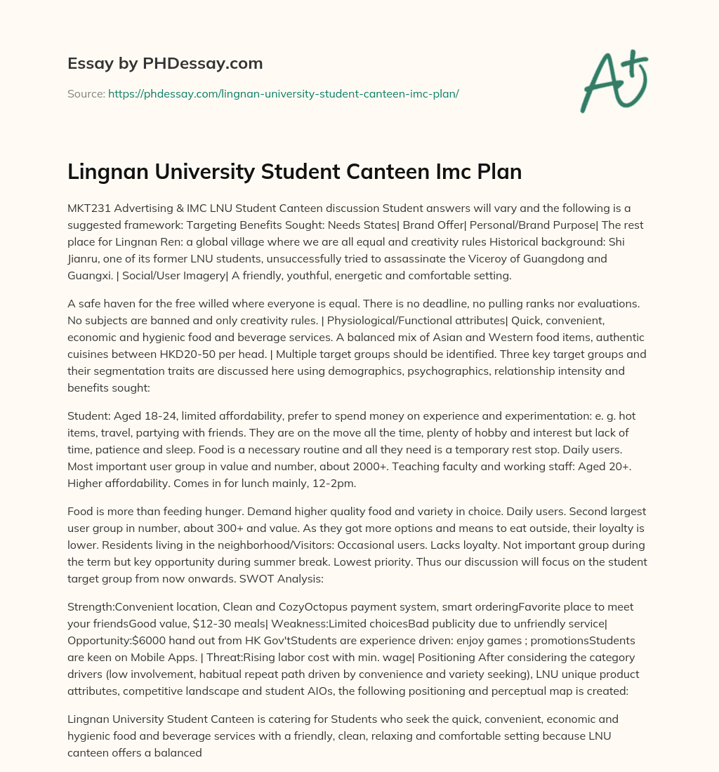 Lingnan University Student Canteen Imc Plan essay