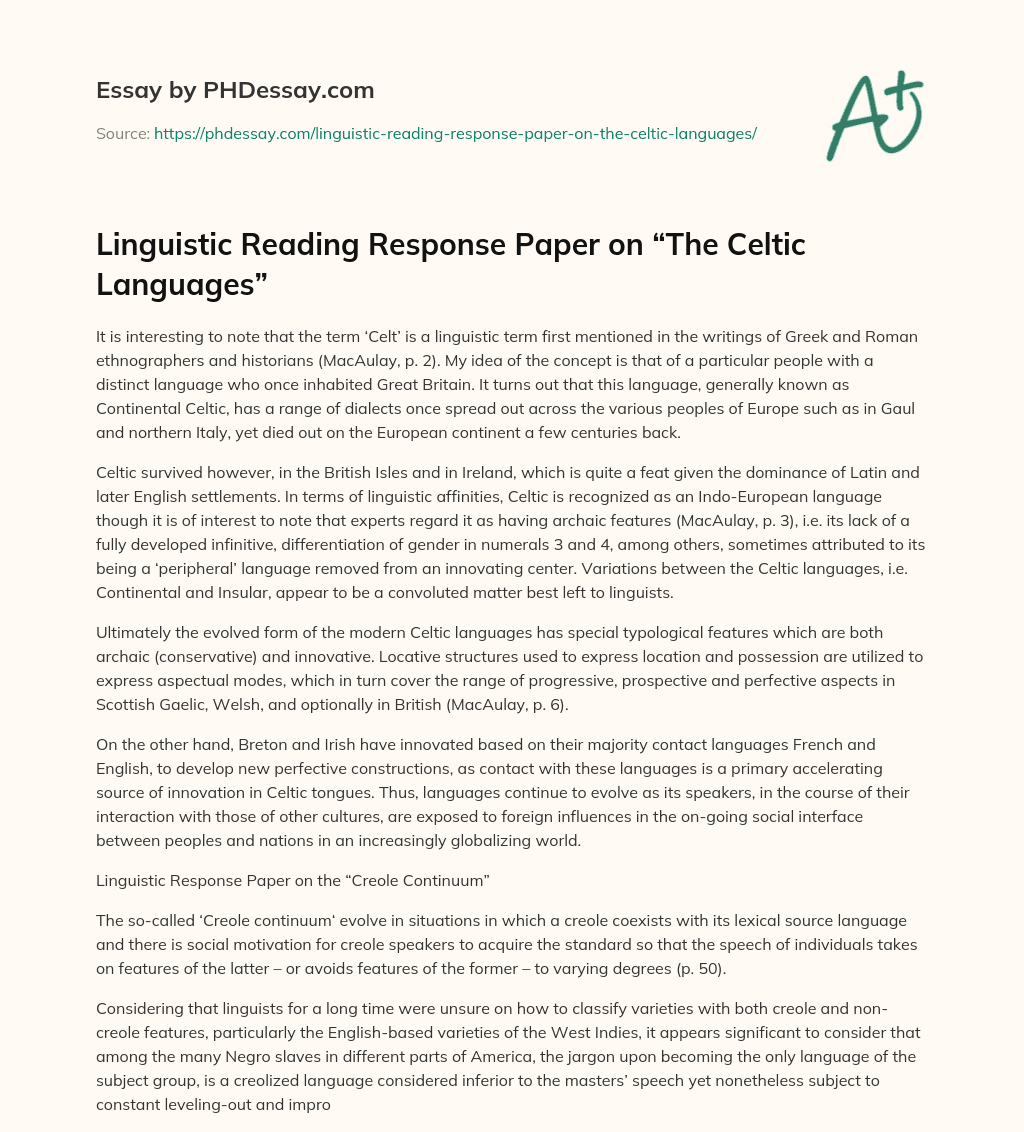 Linguistic Reading Response Paper on “The Celtic Languages” essay