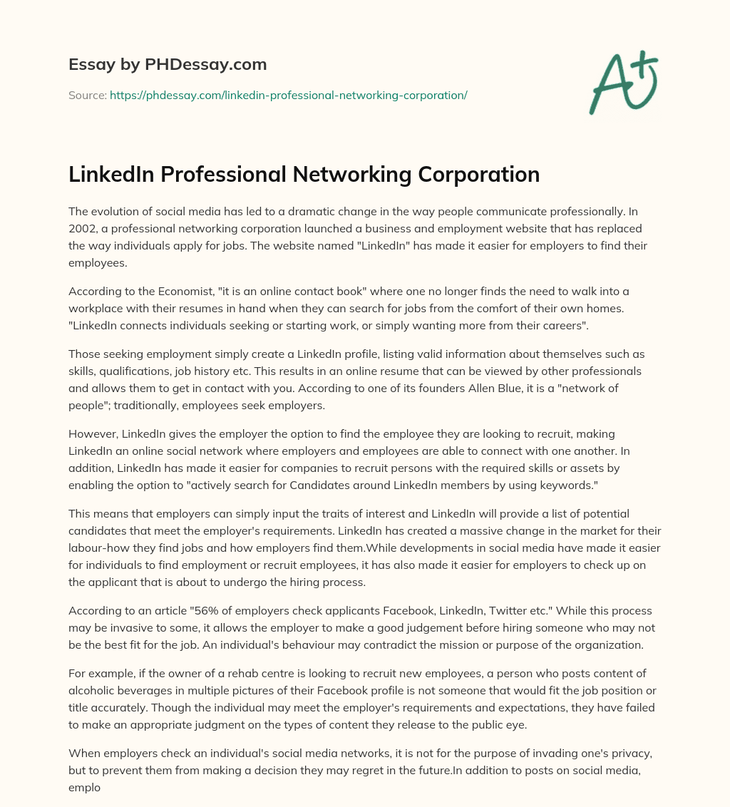 LinkedIn Professional Networking Corporation essay
