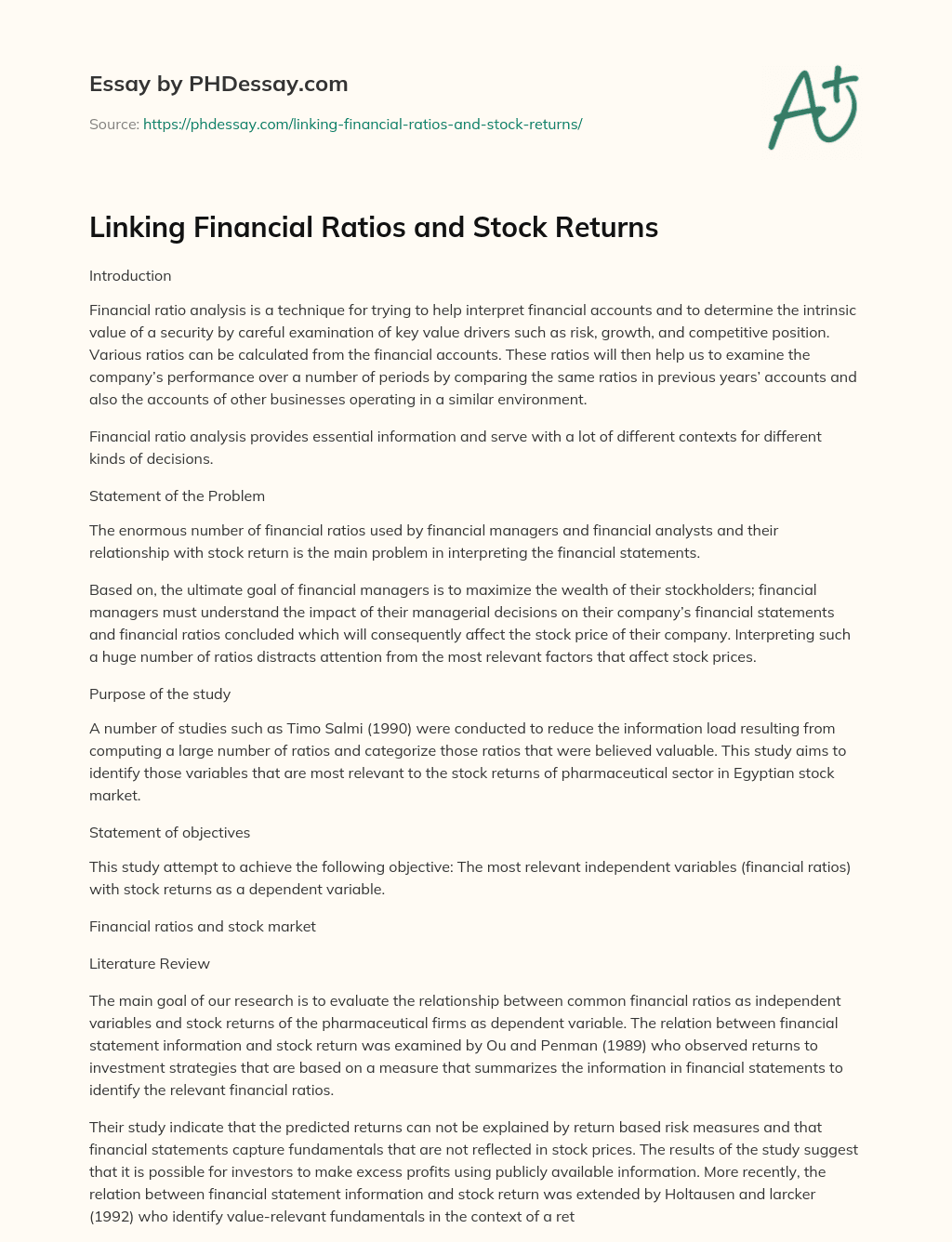Linking Financial Ratios and Stock Returns essay