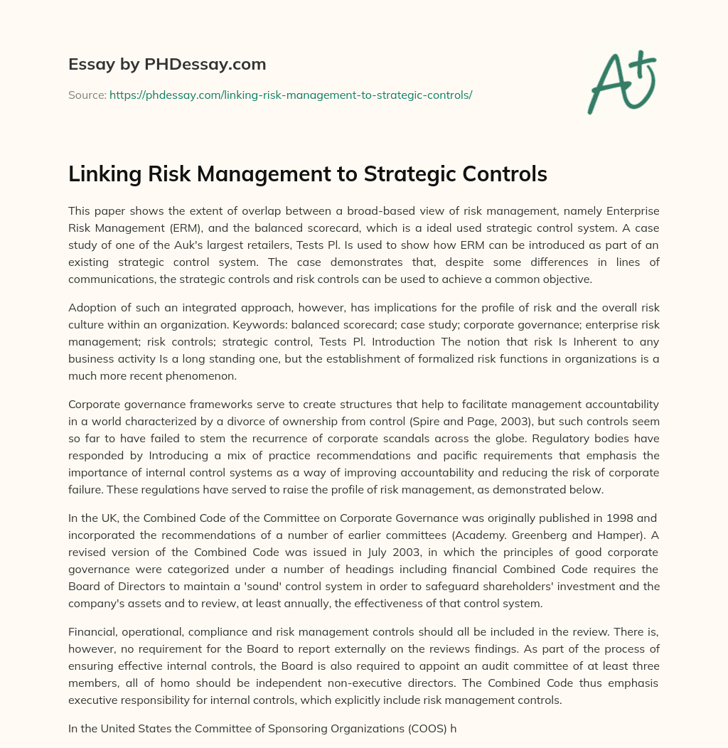 Linking Risk Management to Strategic Controls essay