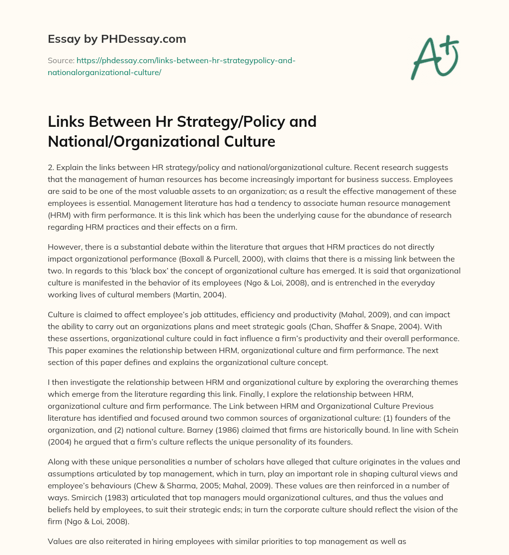 Links Between Hr Strategy/Policy and National/Organizational Culture essay