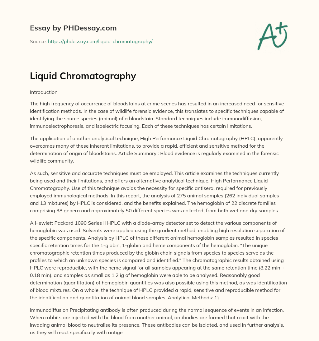 High Performance Liquid Chromatography: An Alternative Method for Identifying Bloodstain Origins in Wildlife Forensics essay