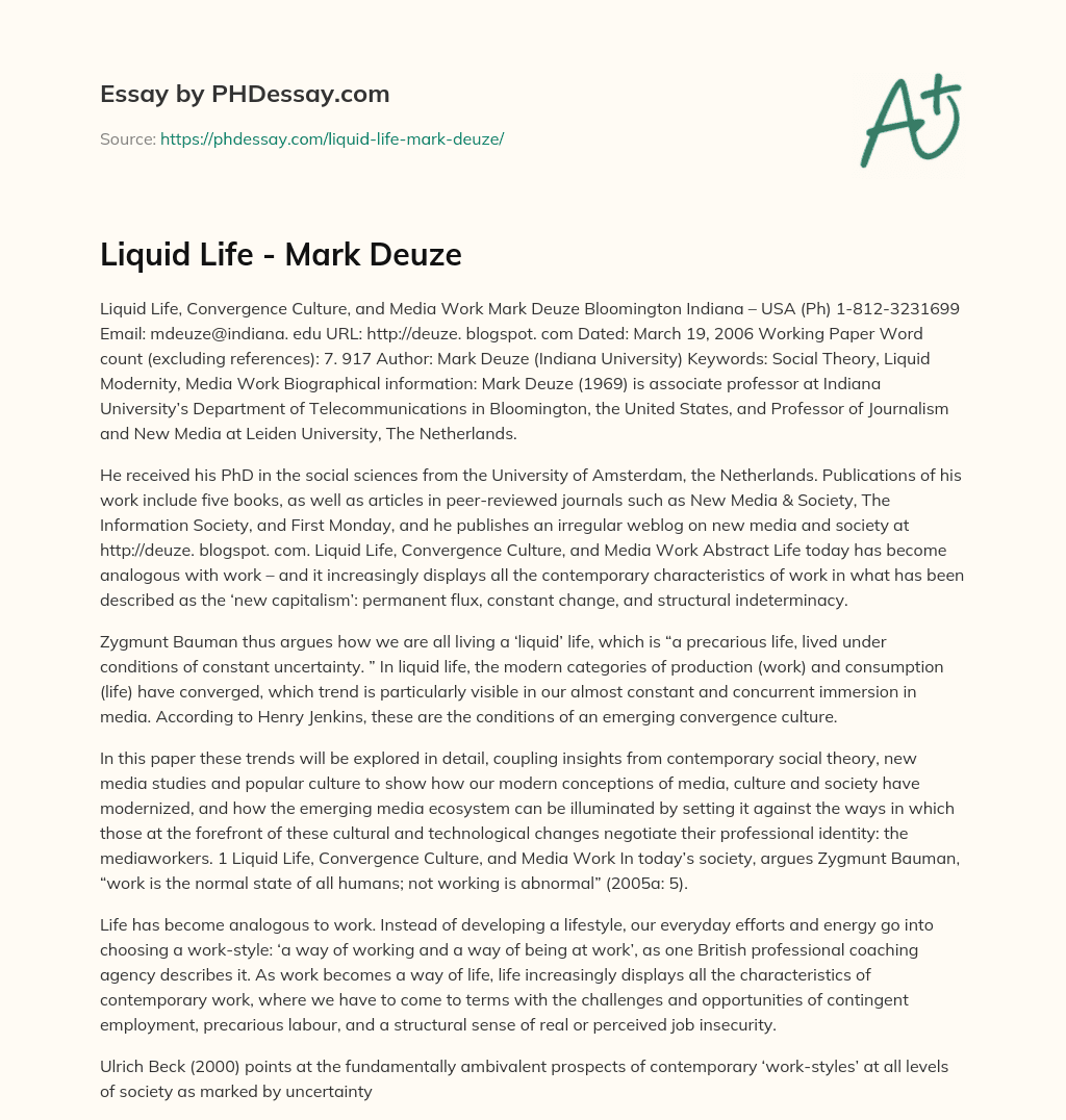 Liquid Life – Mark Deuze essay