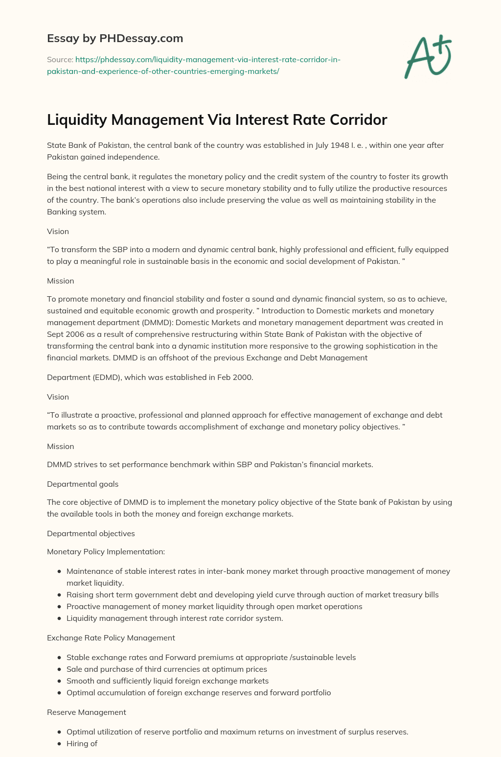 Liquidity Management Via Interest Rate Corridor essay