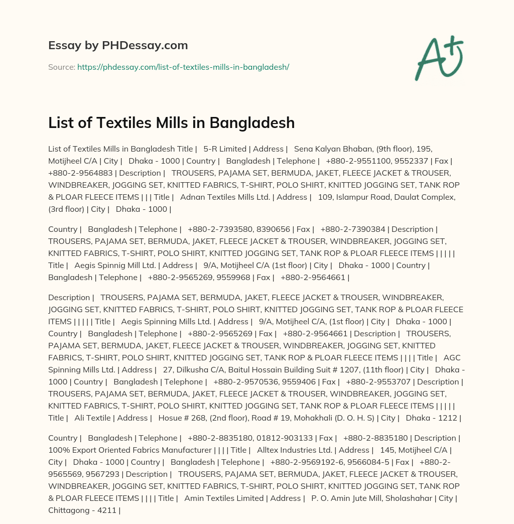 List of Textiles Mills in Bangladesh essay