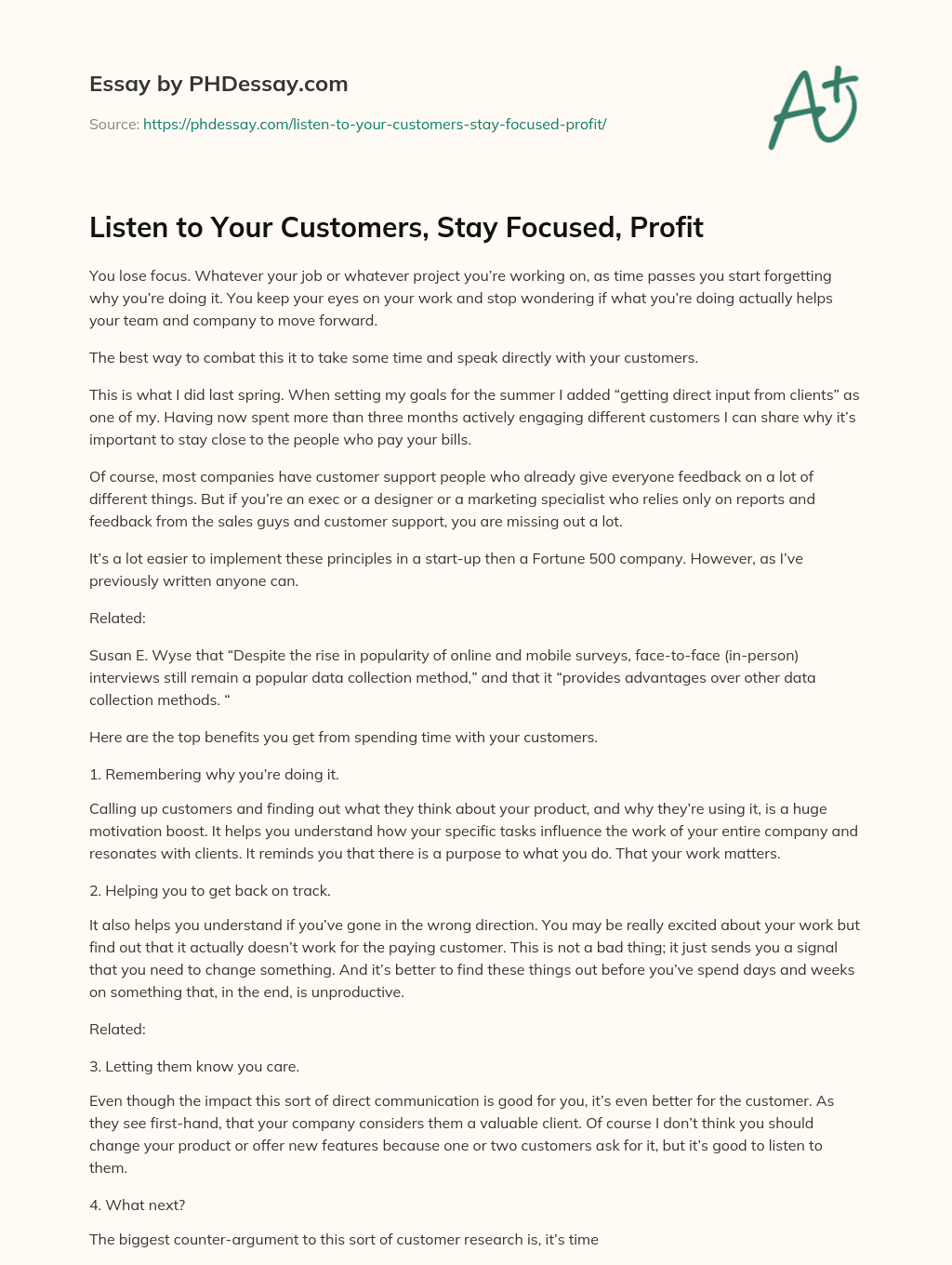 Listen to Your Customers, Stay Focused, Profit essay
