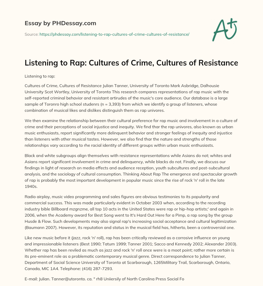 Listening to Rap: Cultures of Crime, Cultures of Resistance essay