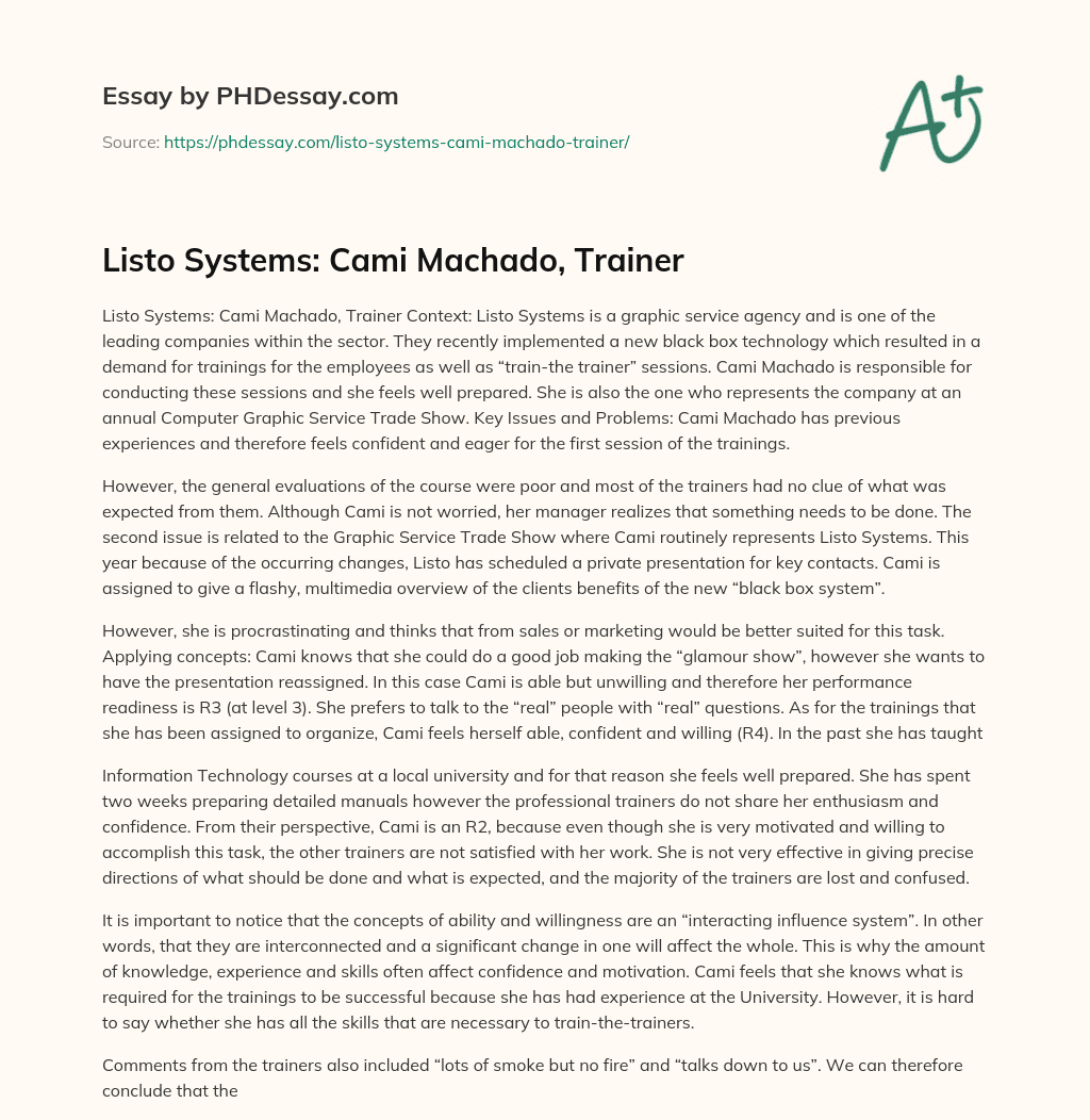 Listo Systems: Cami Machado, Trainer essay