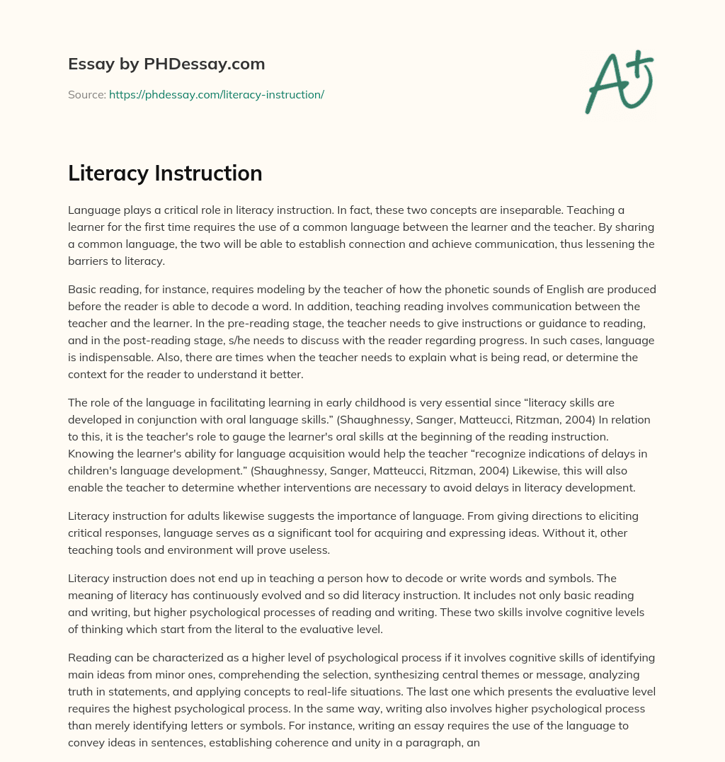 Literacy Instruction essay