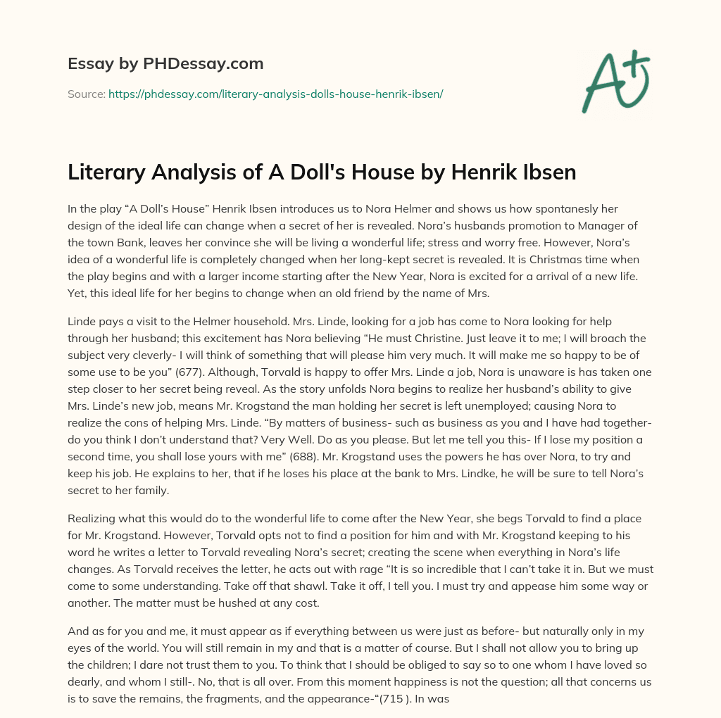 Literary Analysis of A Doll’s House by Henrik Ibsen essay