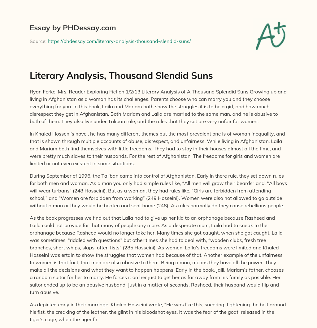 Literary Analysis, Thousand Slendid Suns essay