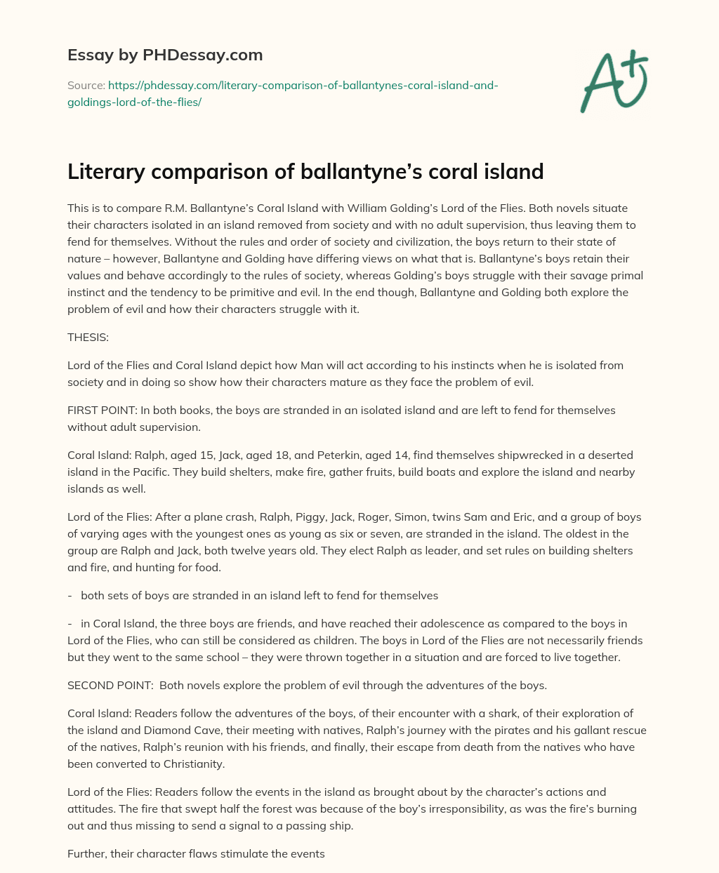 Literary comparison of ballantyne’s coral island essay