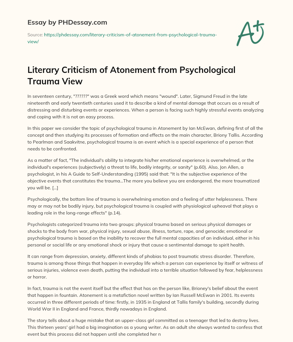 Literary Criticism of Atonement from Psychological Trauma View essay