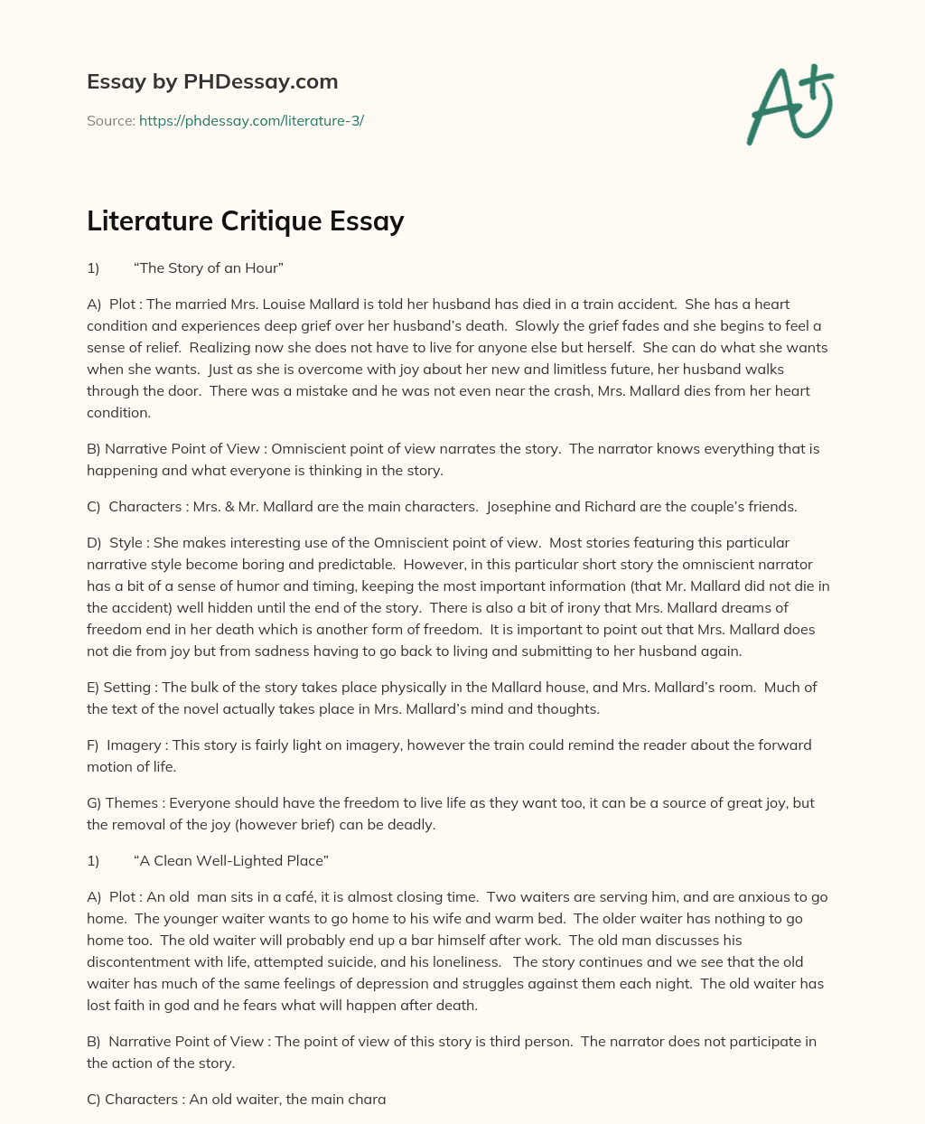 Literature Critique Essay essay