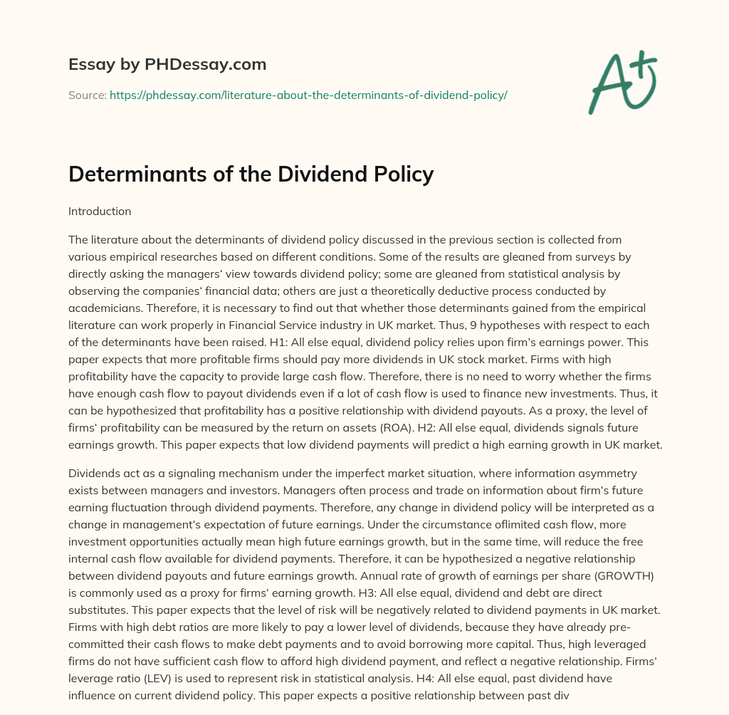 Determinants of the Dividend Policy essay